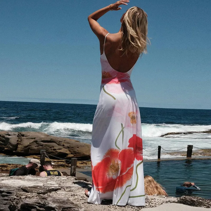Vestidos de moda con cuello halter ajustado y estampado para mujer, vestido largo elegante sin espalda y cintura alta, vestido de fiesta de verano 2025.