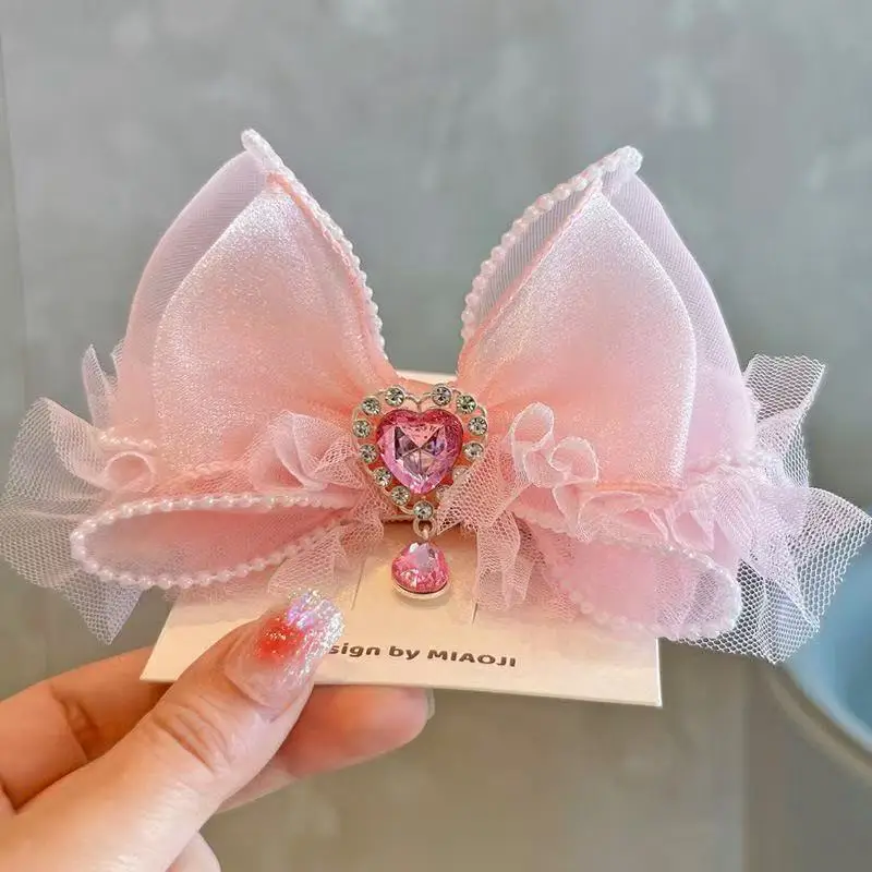 공주님 폼폼 헤어핀 핑크 다이아몬드 리본 헤어 클립 어린이용 오리발 클립 여아 스쿨 헤어그립 헤어 장식 선물