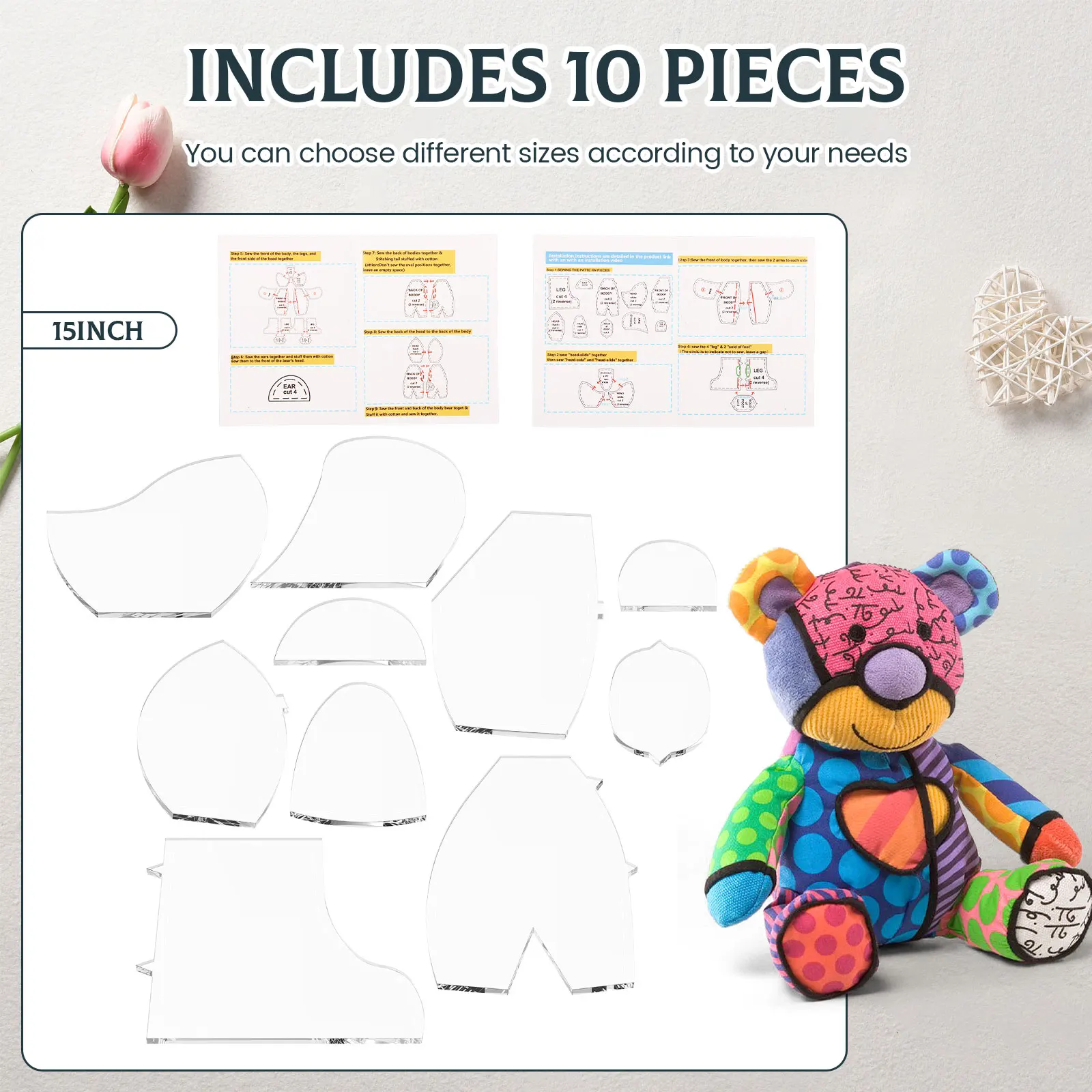 10Pcs Memory Bears Sewing Template For Beginner Patchwork Ruler DIY Child Toys 10/12/15 Inch Acrylic Template animal stuffed