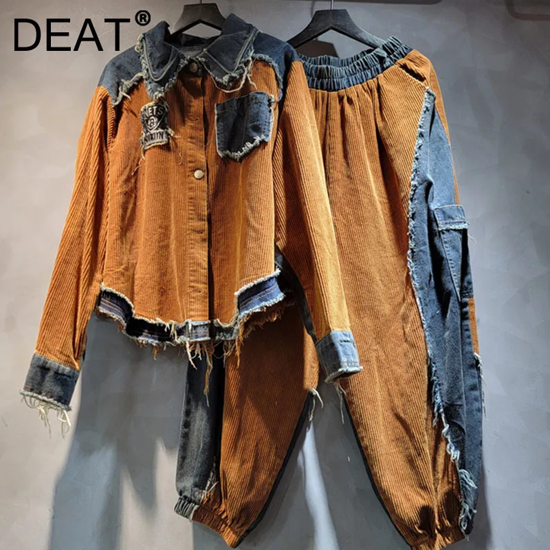 DEAT Fashion Vintage Denim Set For Women Loose Spliced Contrast Color Long Sleeve Jacket Elastic Waist Wide-Leg Pants 11A05560