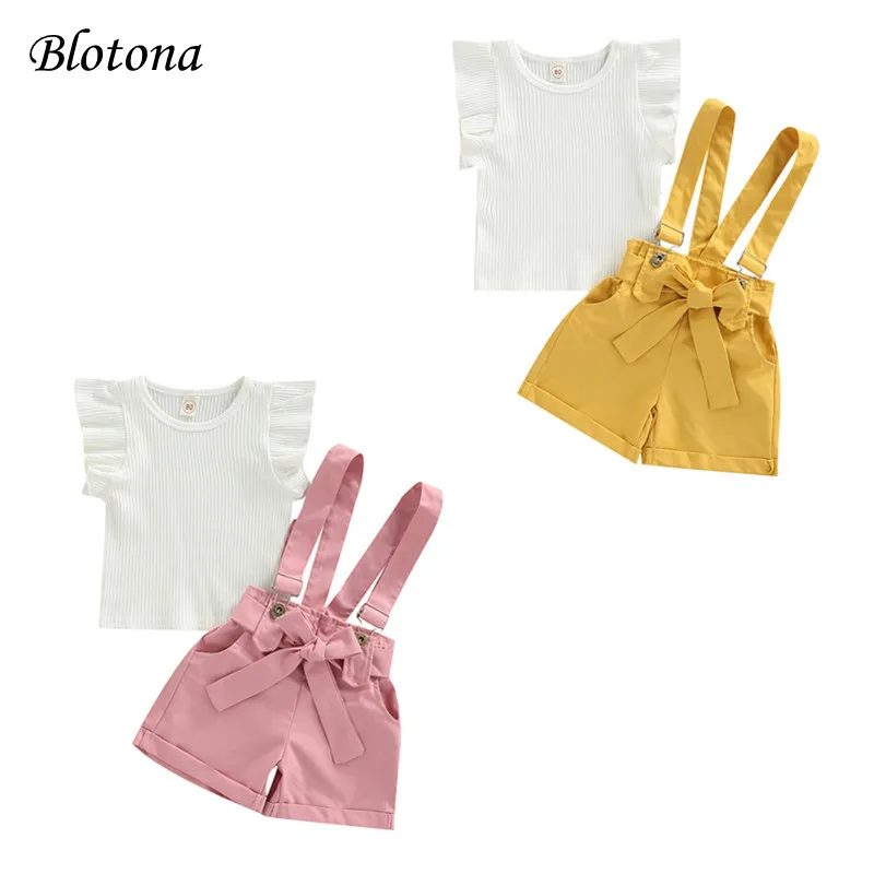 

Blotona Baby Girl Summer Clothes Set, Fly Sleeve O-Neck Solid Color T-shirt Tops + Suspender Shorts with Bowknot, 9Months-6Years