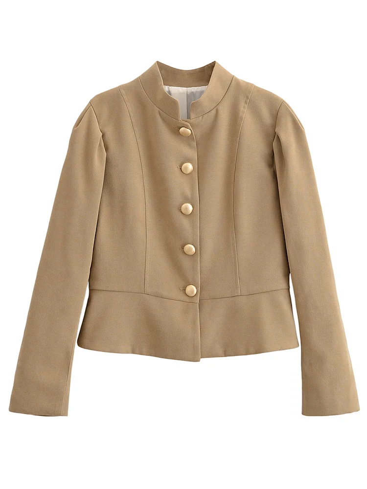 Women's Stand Collar Jacket Single Breasted Slimming Retro Casual Autumn Short Coat Fashion Solid Ladies High Street Outerwear