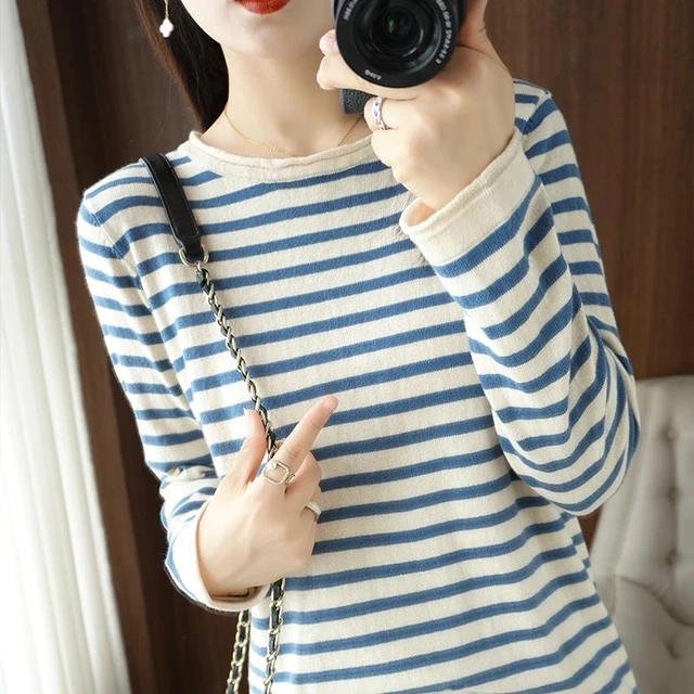 Women Sweater Cotton O-neck Long Sleeves Stripe Knit Pullovers Casual Spring Autumn Warm Jumper Basic Soft Bottoming Shirts 1