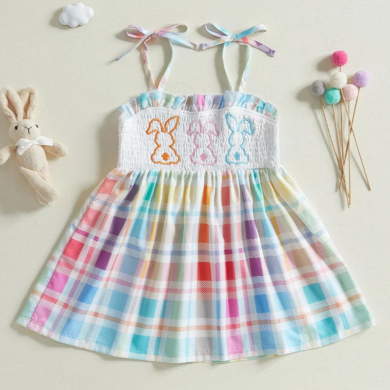 Girls Floral Print Dress Sleeveless Ruffle Hem Bow Tie Back Smocked Dress Toddler A-Line Dress with Embroidery 2
