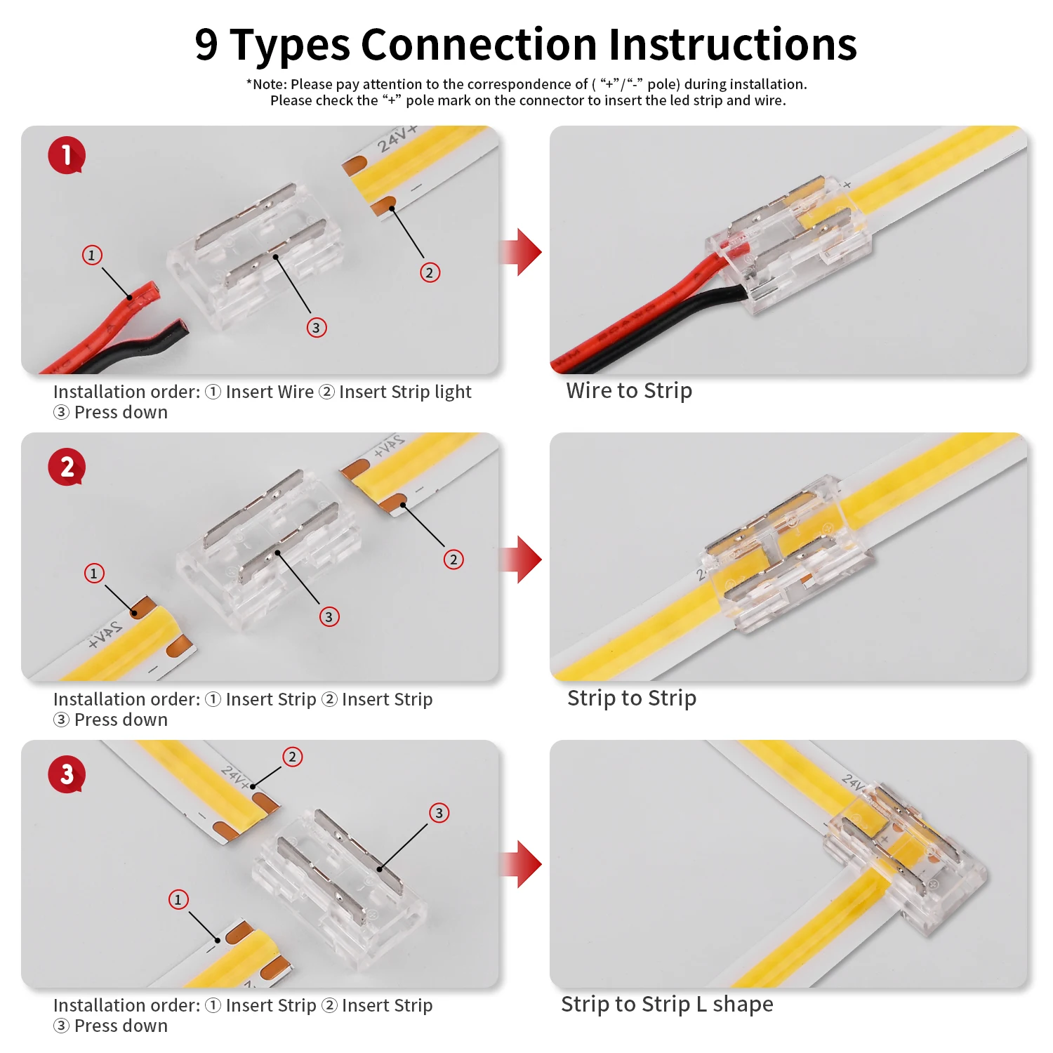 LED Connector Solderless 9 in 1 Transparent Connectors DIY L T X Shape 15cm Wire For 2pin 8mm 10mm COB LED Strip Lights 8pcs