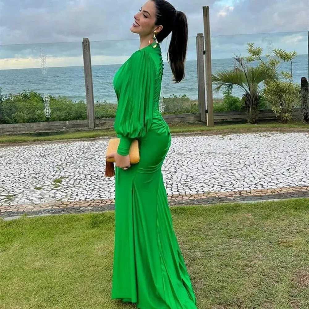 Lantern Sleeve Evening Dresses For Wedding Guest Floor Length Green Chiffon Party Gowns For Women V Neck Probe Femme Soirée 2024