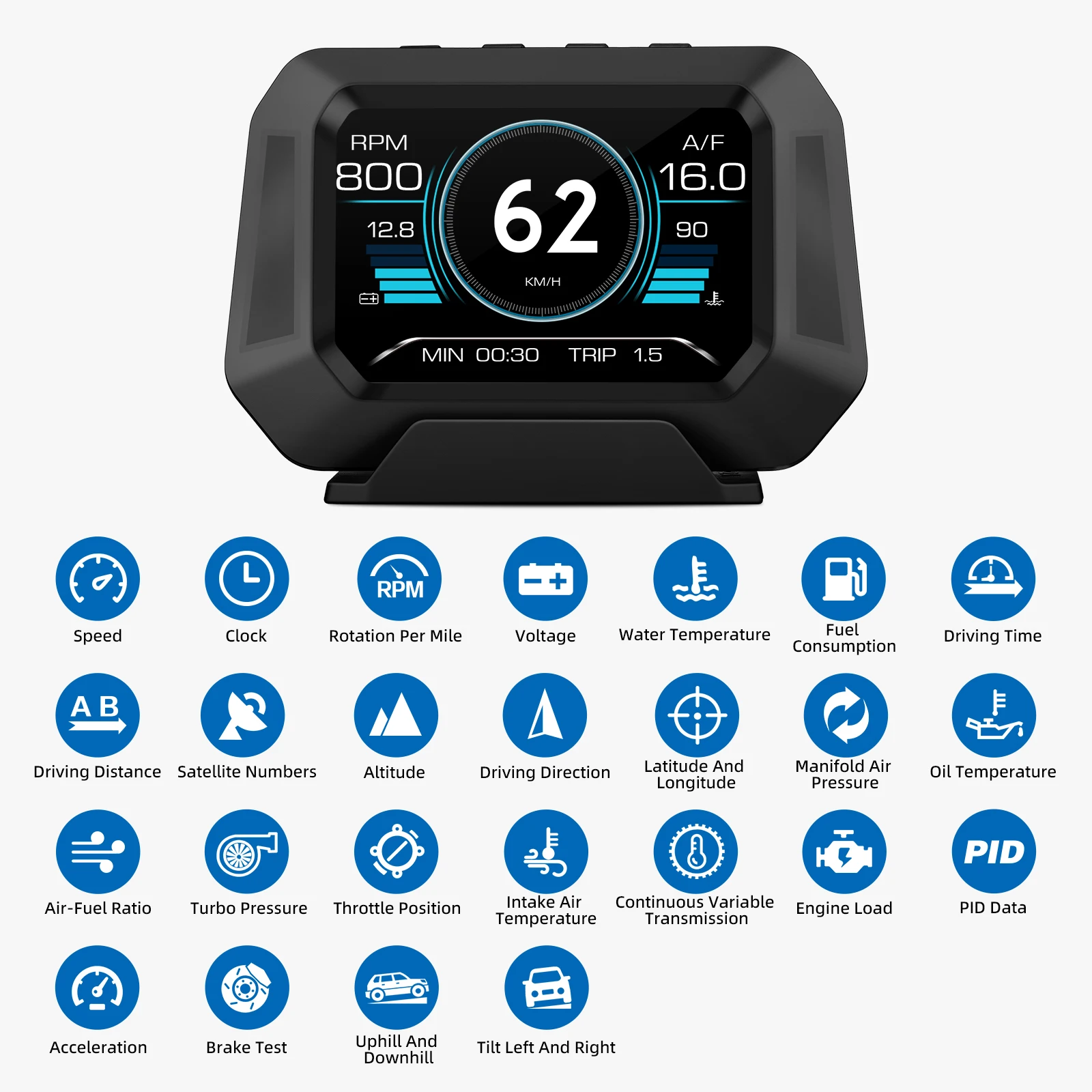 P21 자동차 HUD OBD2 GPS 헤드업 디스플레이 온보드 컴퓨터 속도계 타코미터 연료 소비량 수온 전압 게이지