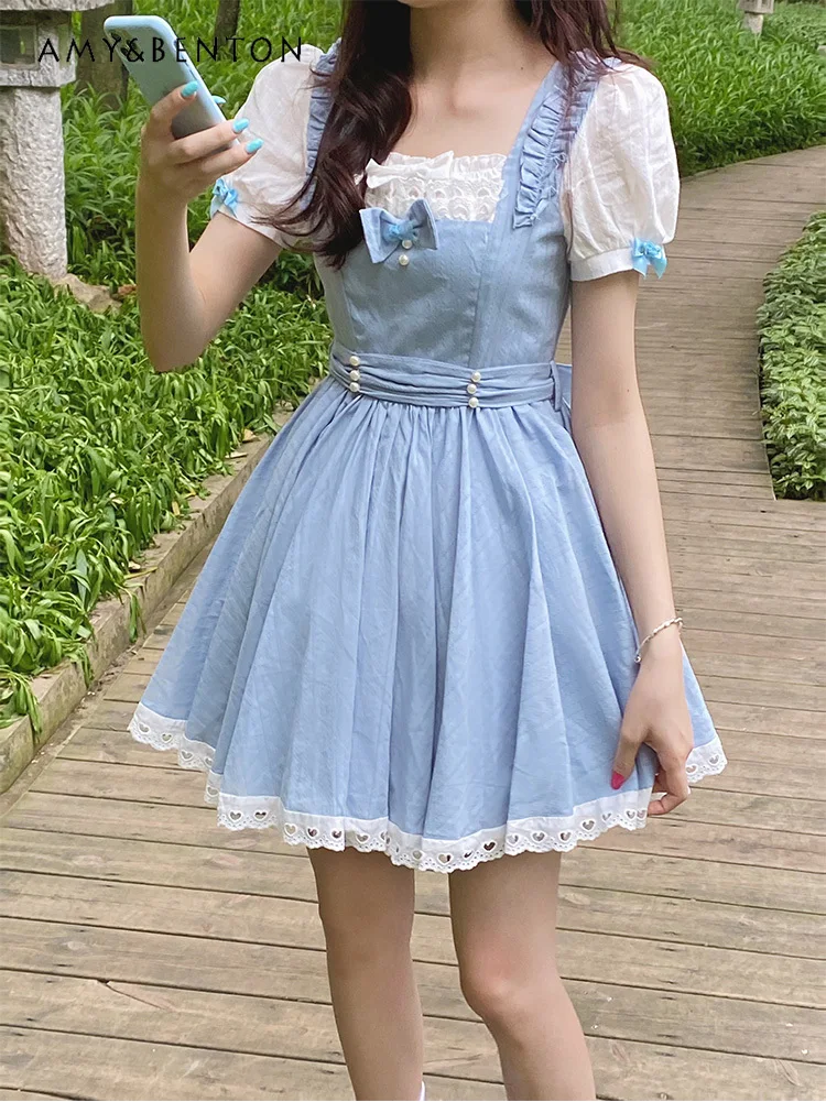 

Sweet Cute Lolita Princess Dresses Preppy Style Kawaii Slim Blue Dress Students Summer Elegant Bow Patchwork Mini Dress Women