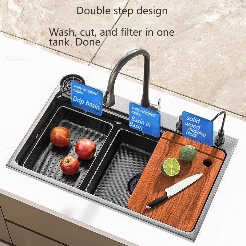 Stainless Steel Kitchen Sink Household Washbasin Thickened Embossed Sinks Undermount Basin Nano large single Slot 3