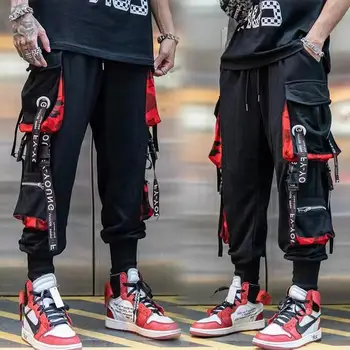 Classic Streetwear Hip Hop Joggers Men Letter Ribbons Cargo Pants Pockets Track Tactical Casual Male Trousers Sweatpant KZ99 1