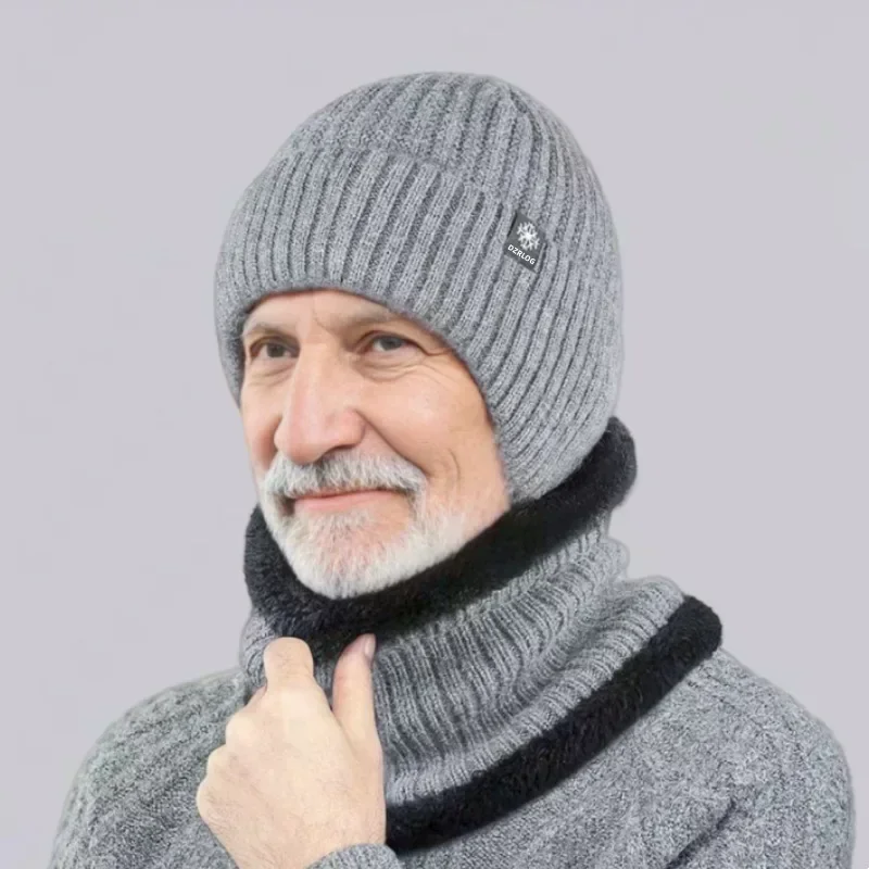 Men's Winter Knitted Set For Middle-aged Elderly Father Plush Thick Ear Protection Wool Hat Casual Fashion Faux Fur Hats_voghion.com