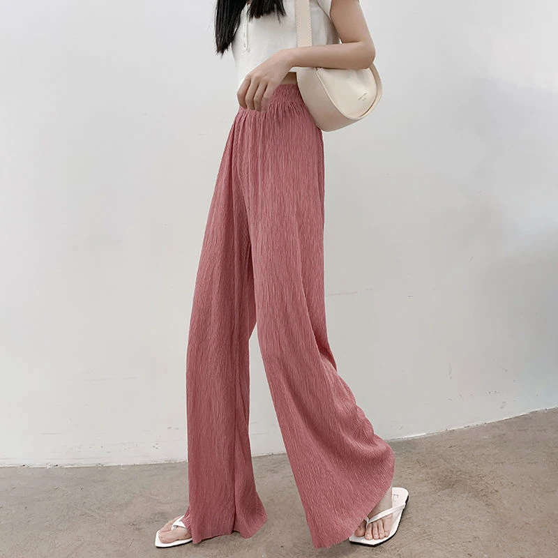 Summer Thin Style Casual Wide Leg Trousers Ladies High Waist Ice Silk Fabric Pleated Full Length Pants Fashion Chiffon Pants