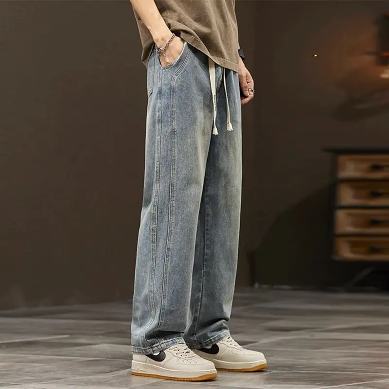 American Vintage Casual Loose Straight Jeans Men Solid Elastic Waist Patchwork Drawing Pockets Trendy Versatile Wide Leg Pants