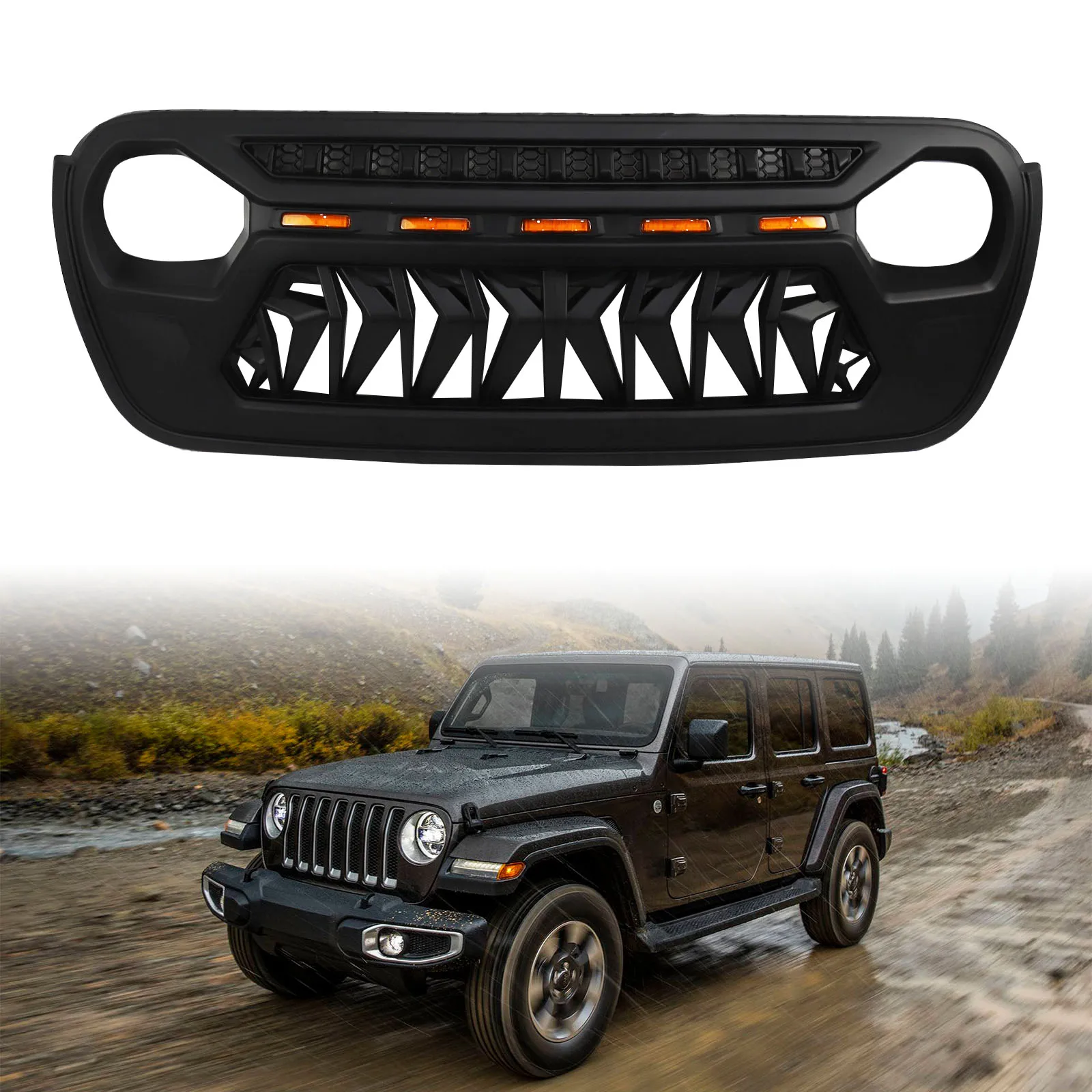 Передняя решетка для Jeep Wrangler JL 18-21 светодиодные янтарные внедорожные огни