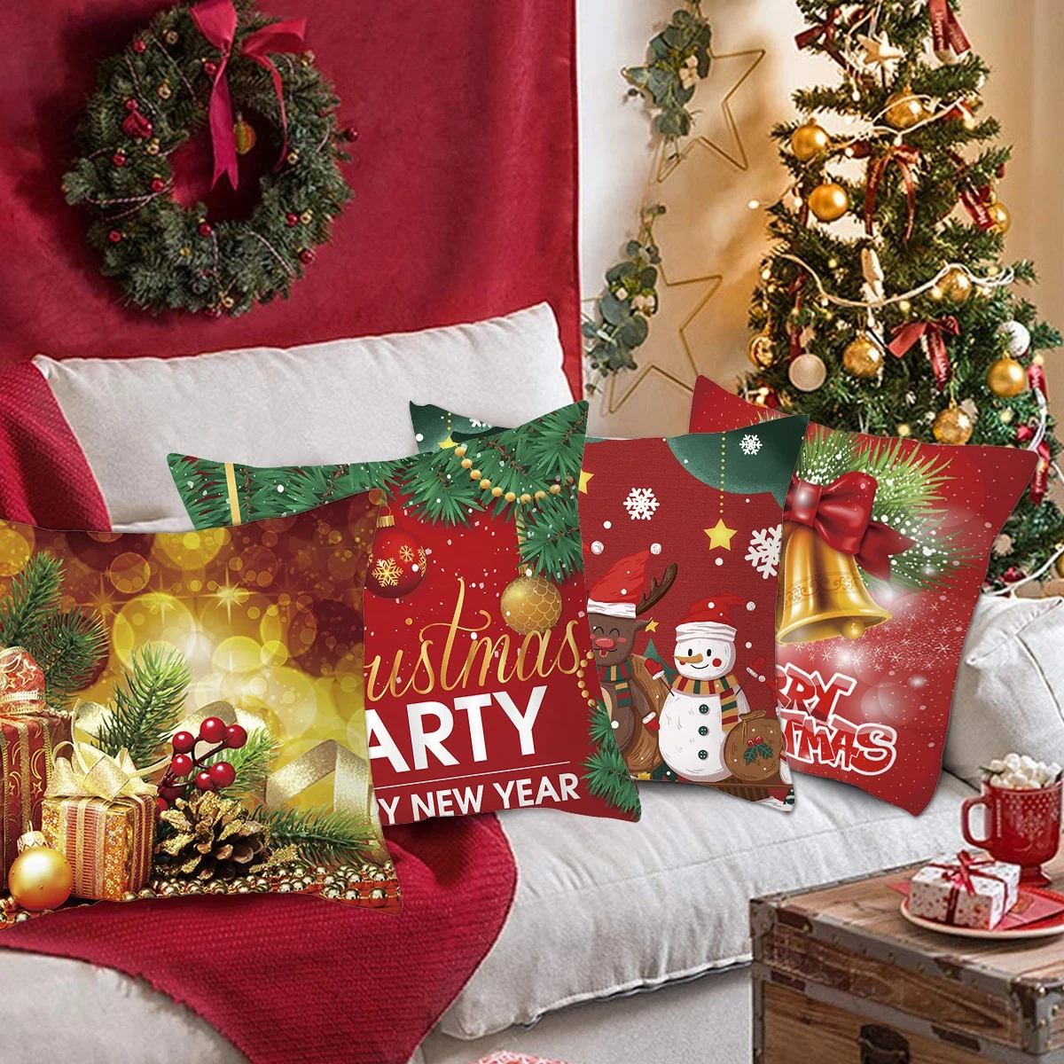 Prmape 4er Set Cuscini Natalizi per Divano 45x45cm, 2026 Nuovo Federe Natalizie Cuscini Divano, Cuscino Natale in Cotone e Lino per Natale Decorazioni Casa