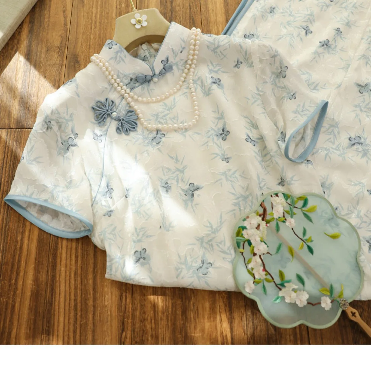 

Женское шифоновое платье-Ципао с коротким рукавом, синее приталенное платье с цветочным принтом, размеры от S до XXL, лето 2023