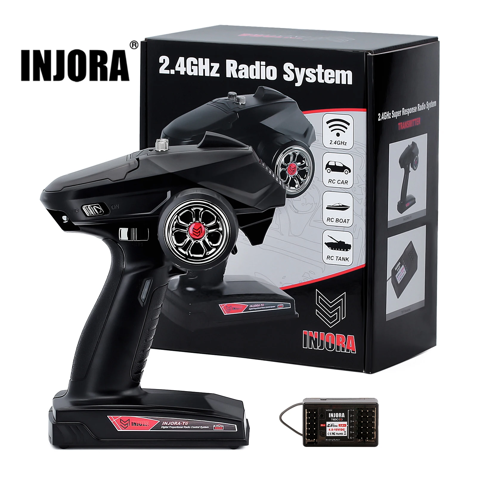 INJORA 2.4GHz Remote Control 6CH Digital Radio Transmitter with Gyro Receiver T6DC T6DCG for 1/8 1/10 RC Car Boat Tank Crawler