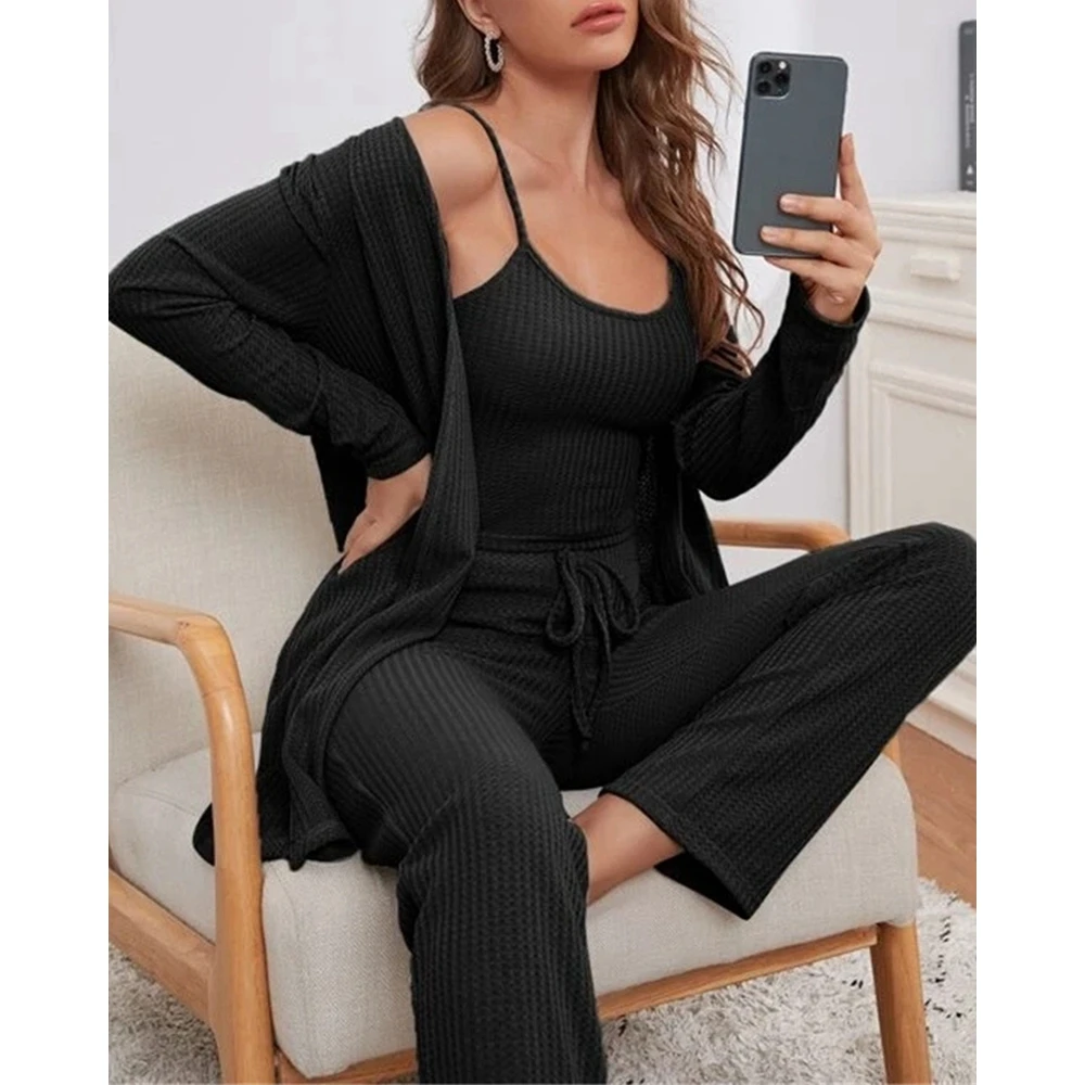 3 PCS Casual Loungewear Set Women Fashion Knitted Ribbed Top & Drawstring Pants Set With Cardigan Femme Three Pieces Set