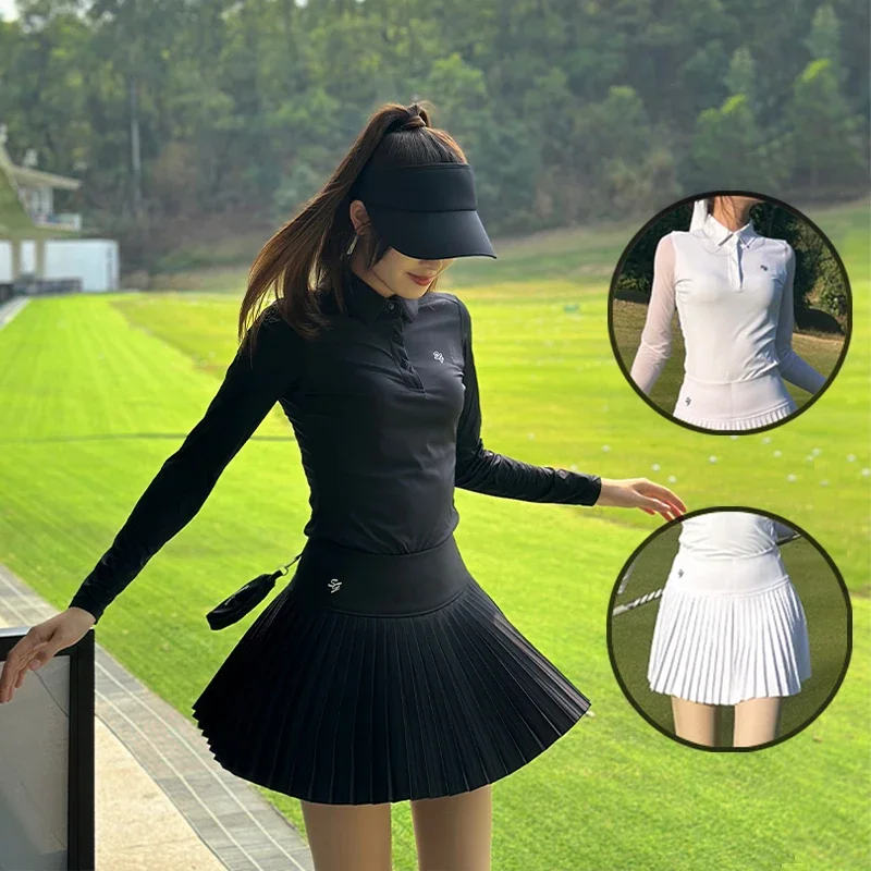 Golf Women's Shirts Sunscreen Long Sleeve Lapel Tops Ladies Sports Pleated Skort High Waist Anti-Light Golf Skirts