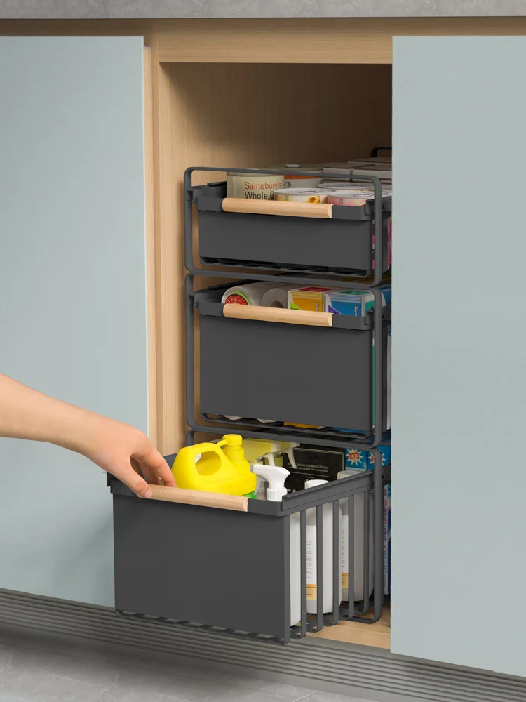 Cabinet storage layered internal pull-out shelf, basket storage box, drawer style multifunctional seasoning rack
