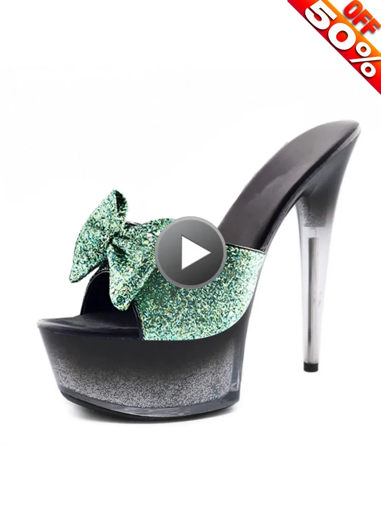 

Flash powder Bling Butterfly Elegant Sweet 15CM Super Stiletto heels Big Size 6 inches Models Stage Props Women's Slippers Style