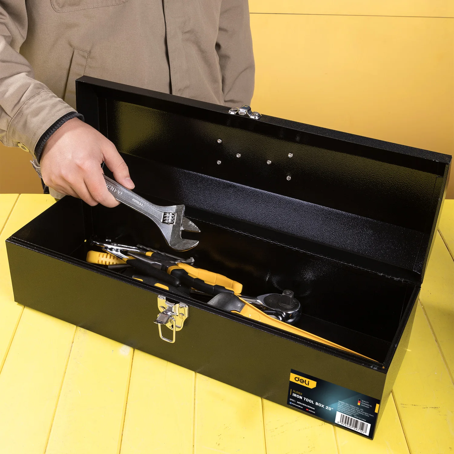 Deli Thickened Metal Tool Box Tool Case 15/20 Inches Empty Large Toolbox Tool bucket Tool Storage Box Metal Tool box Organizer 5