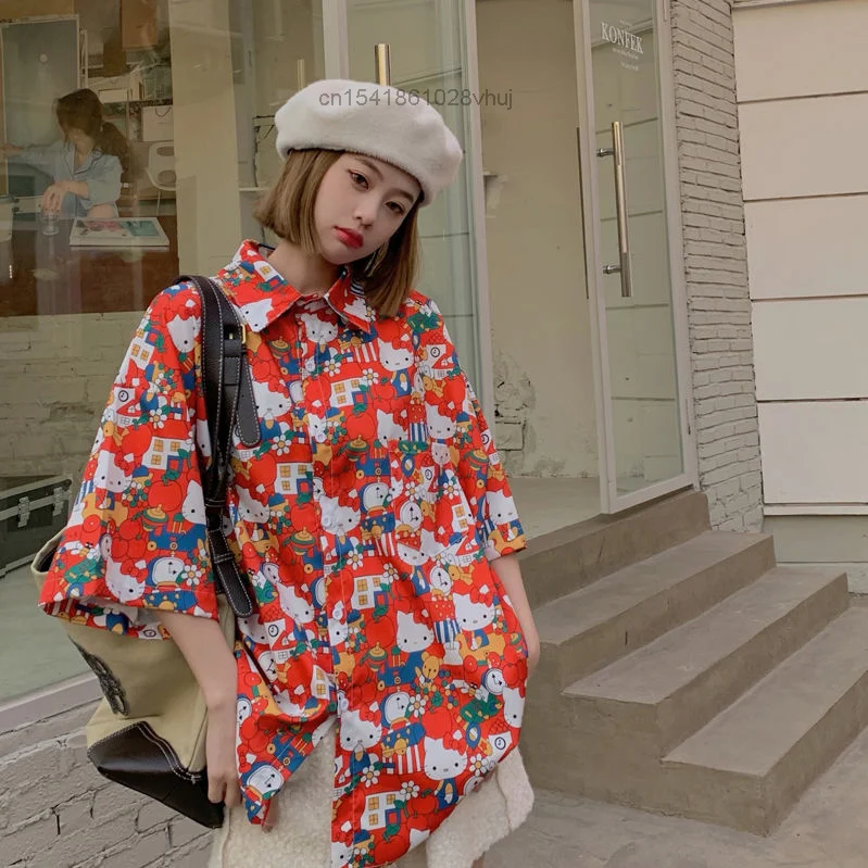 

Women's Fashion Hello Kitty Cat Printed Summer Short Sleeved Shirt Korean Loose Student Shirt Trendy Aesthetic Blouses Y2k Girls