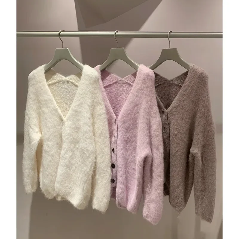 

Japen Style V-neck Long Sleeve Furry Tops Elegant Sweet Solid Knit Cardigan Simple Single Breasted Sweater 2024 Autumn Winter