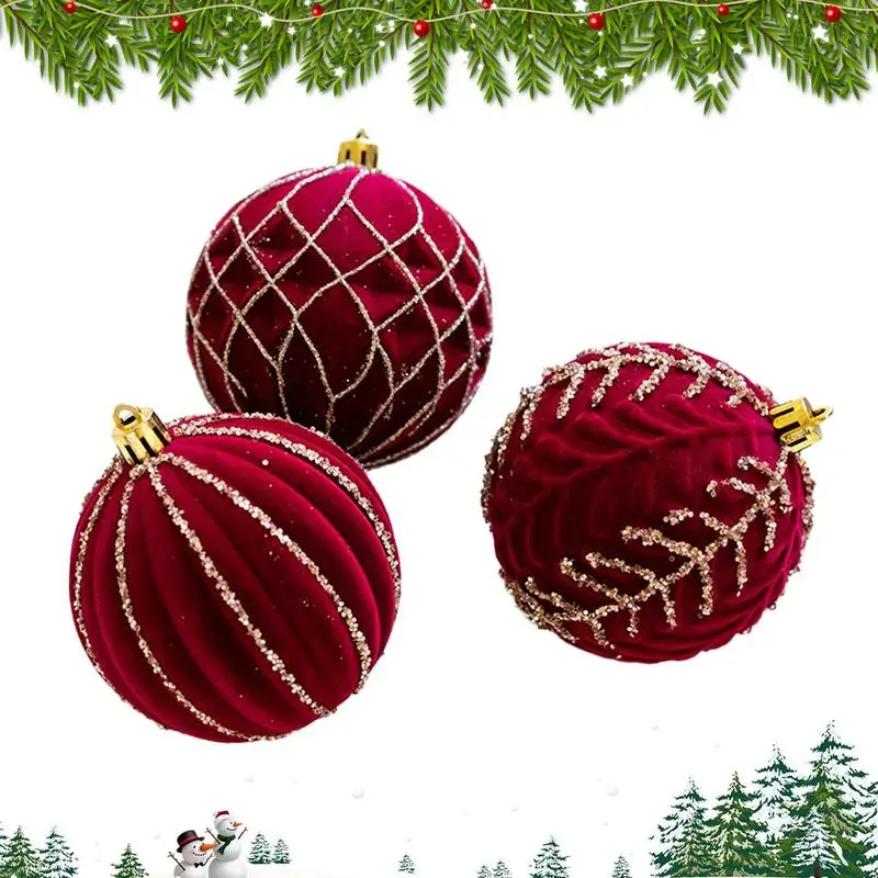 Bolas de Navidad Adornos para árbol de Navidad Bolas flocadas irrompibles 3 piezas Bolas colgantes pequeñas Bolas flocadas de color rojo vino