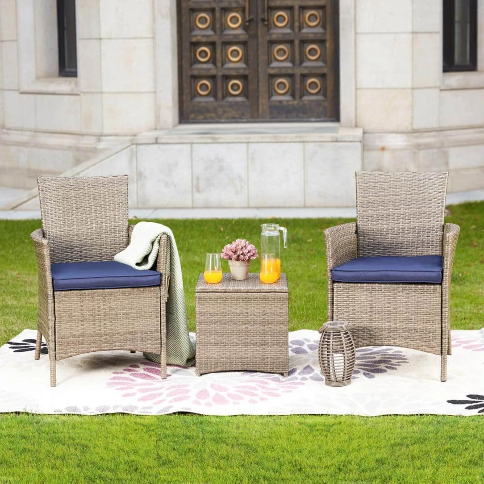 

US 3-Piece Wicker Patio Conversation Set with Blue Cushions