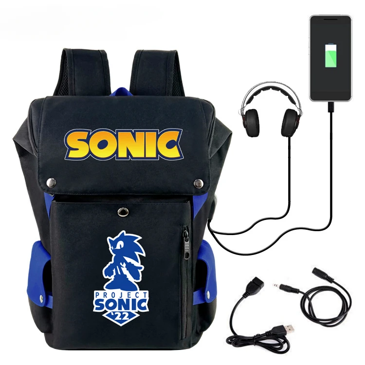 

Sonic Peripheral Backpack Cartoon USB Charging Printing Casual Computer Bag Travel Bag Bucket Bag