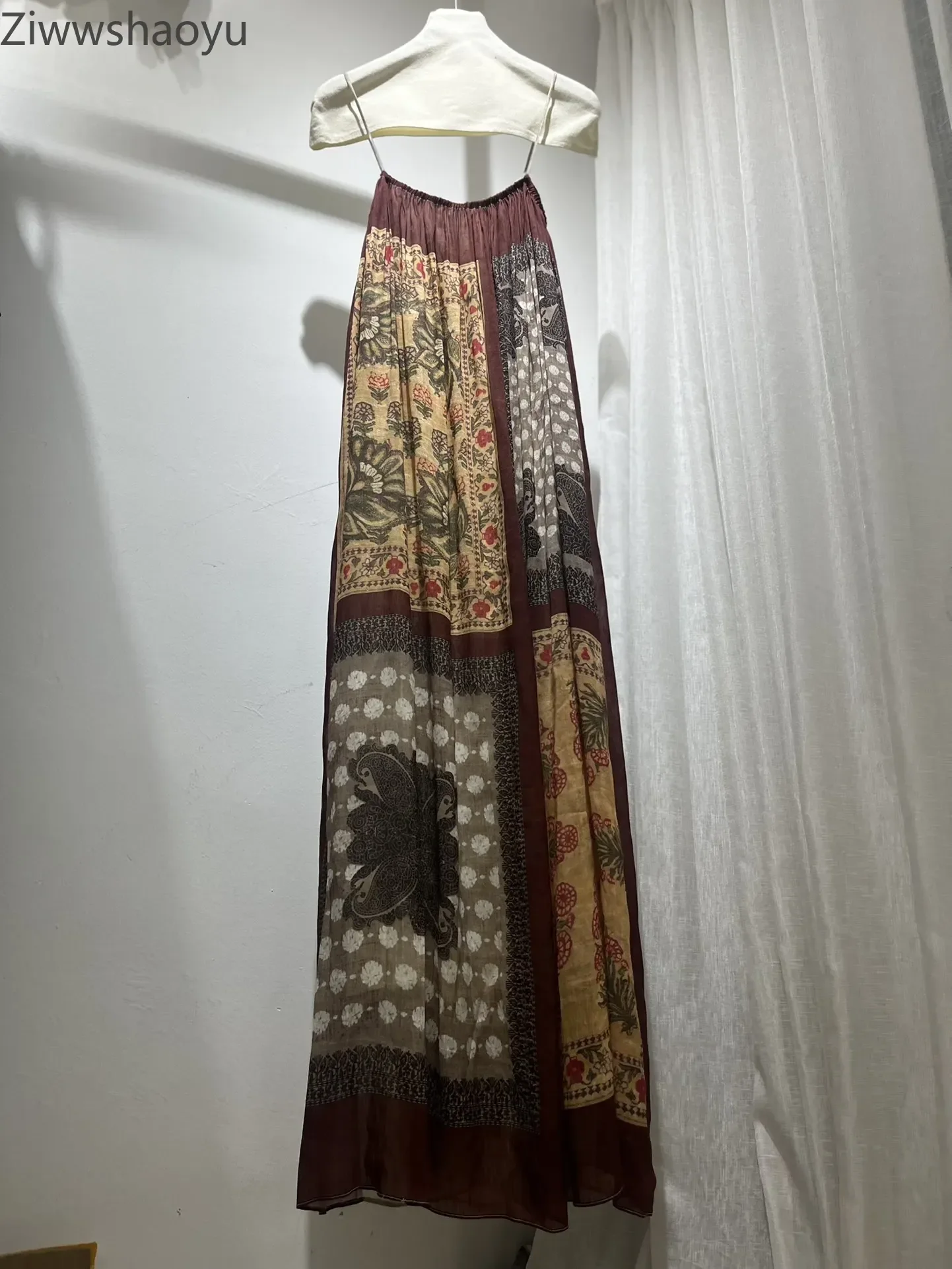 

High Quality Autumn Women Fashion Runway Designer Silk Linen Flower Printed Strapless Backless Vintage Sleeveless Sling Dress