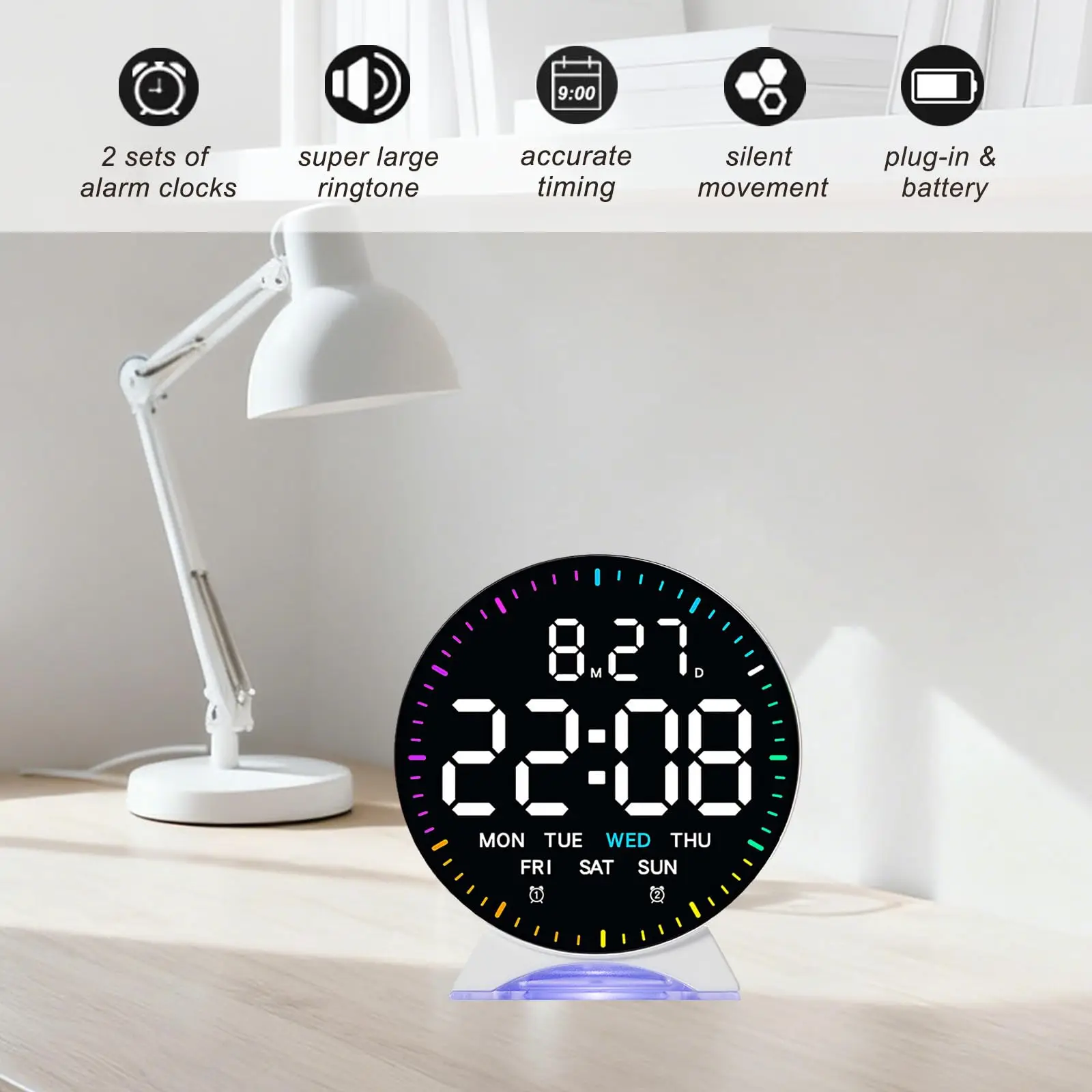 Compact Bedside Digital Alarm Clock with Night Light and Dual Alarms