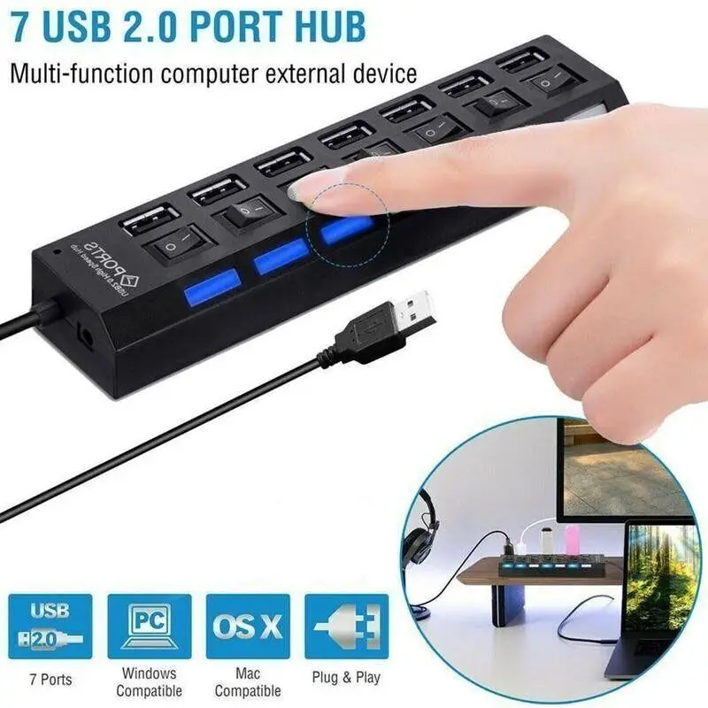 USB 2.0 Hub 7-Ports / 4-Ports USB Splitter USB A Port Data Hub for Laptop PC Computer Mobile HDD Flash Drive