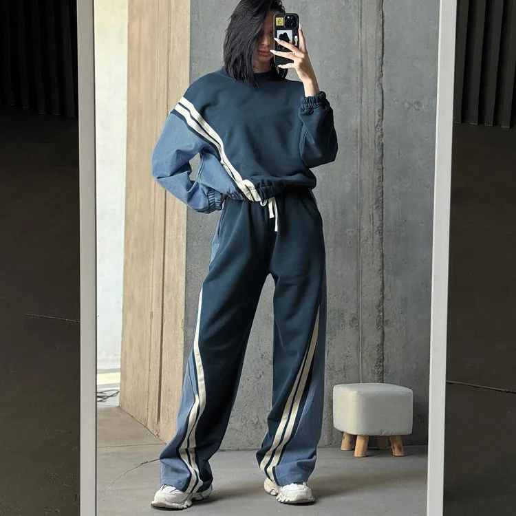 Description Picture 6 of itemGetSpring Women Pant Sets 2024 New Striped Patchwork Full Sleeve Pullover Sweatshirt Drawstring Loose Long Pant Two Pieces Sets