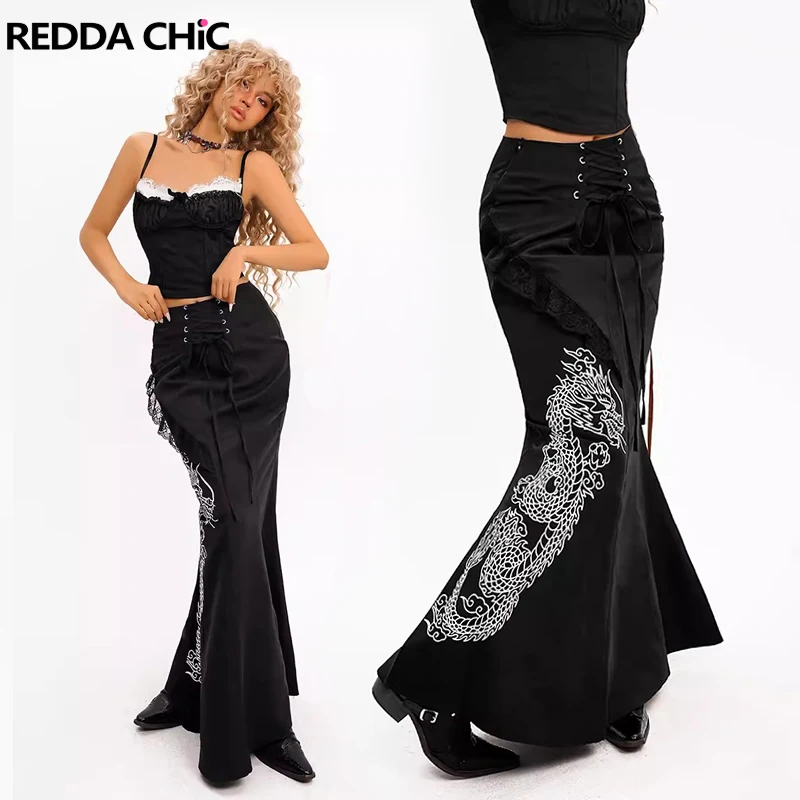 

ReddaChic Women Goth Lace Trim Fishtail Bodycon Skirt Acubi Fashion Black Retro Dragon Print Lace Up High Waist Maxi Long Skirt