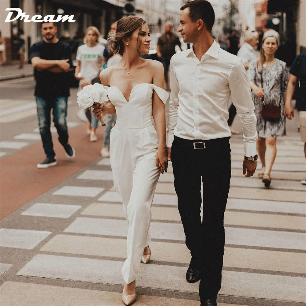 

DREAM Modern Off Shoulder Sweetheart Satin Pants Wedding Dress Backless One-piece Bridal Gown Boheimian Custom Made