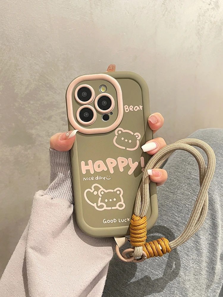 Good Luck Bear With Hand Strap Rope Phone Case For iPhone 11 12 13 14 15 Pro Max Skin Liquid Silicone Cover