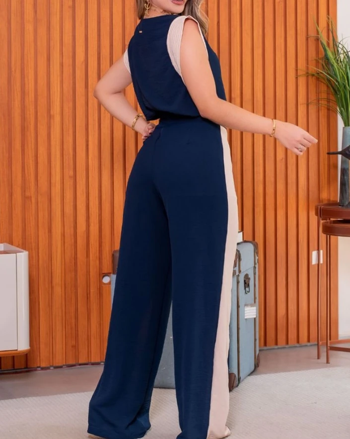 Two Piece Sets Outfit for Women's 2024 Spring Summer Casual Simple Colorblock Short Sleeve Round Neck Top & Wide Leg Pants Set