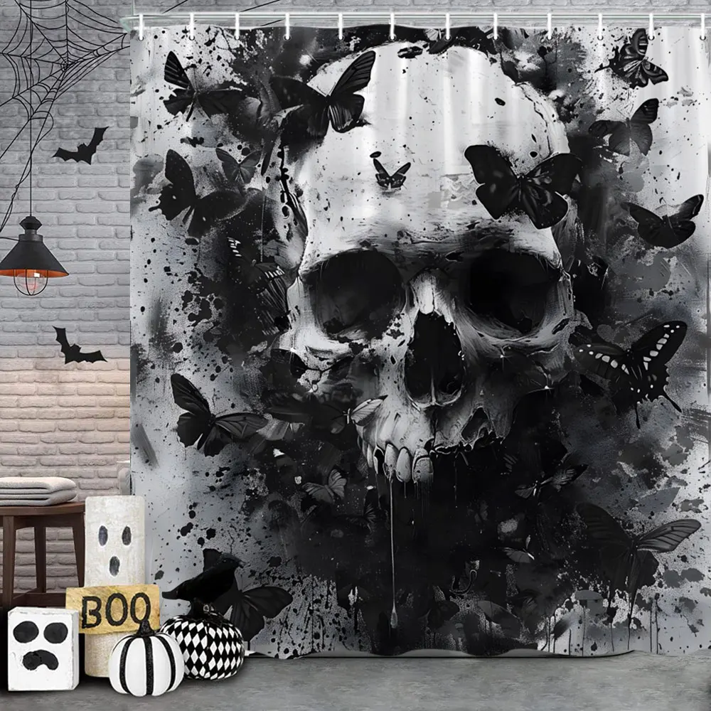 Spooky Horror Halloween Skeleton Crow Shower Curtain Black Bat Black Cat Polyester Fabric Bath Curtain Bathroom Decor With Hooks 4