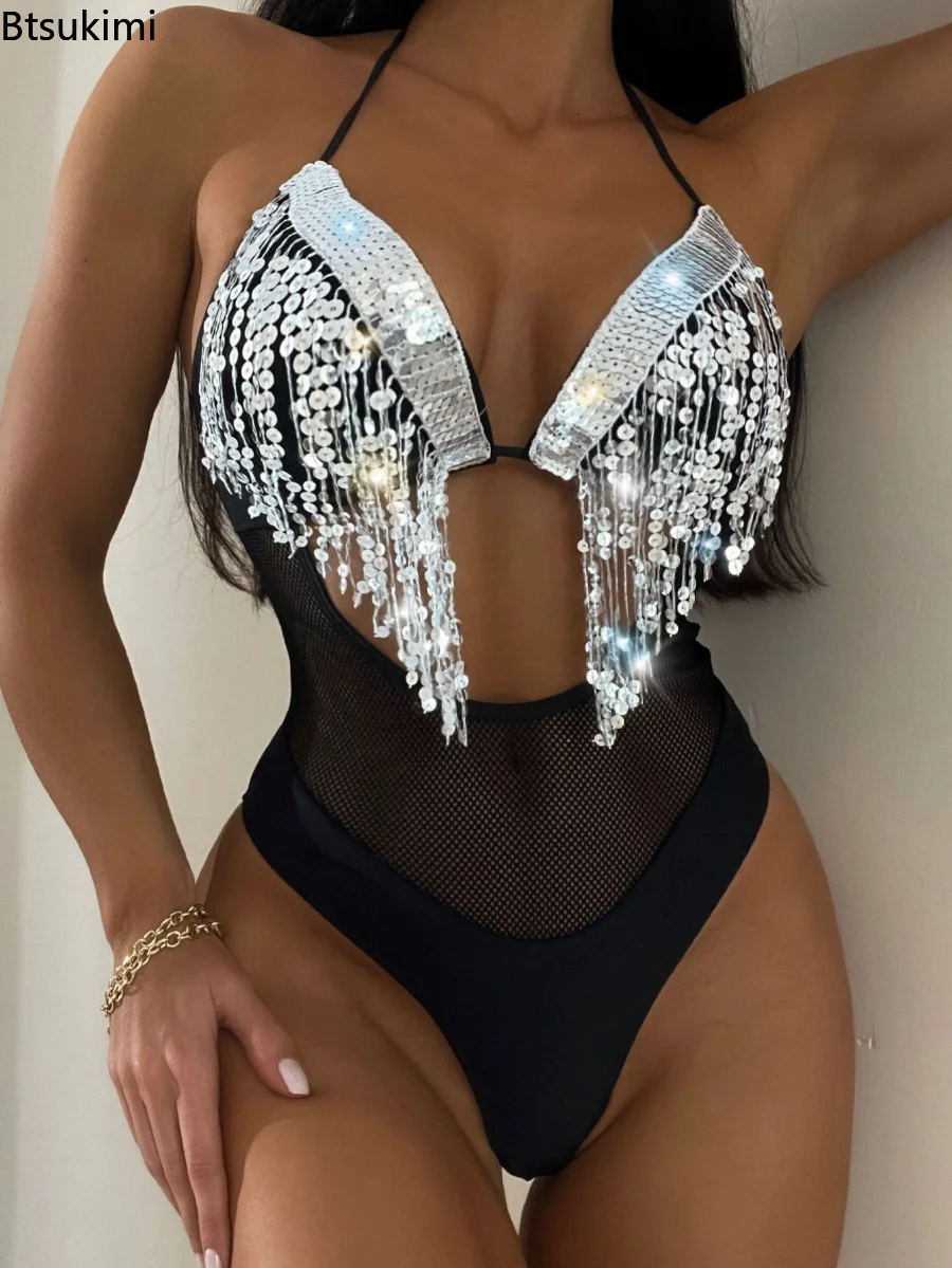 

New2023 Women Sexy One Piece Swimsuits Bodysuit Sequin Tassel Design Backless Swimming Bikinis Set for Gilrs Summer Bathing Suit
