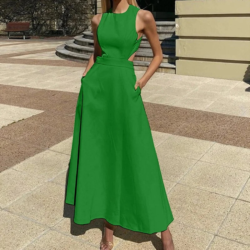 

Casual 2024 Women Solid Pocket Long Dress Lady Chic Solid Sleeveless A-line Dress Elegant Summer Waist Hollow Pleat Party Dress
