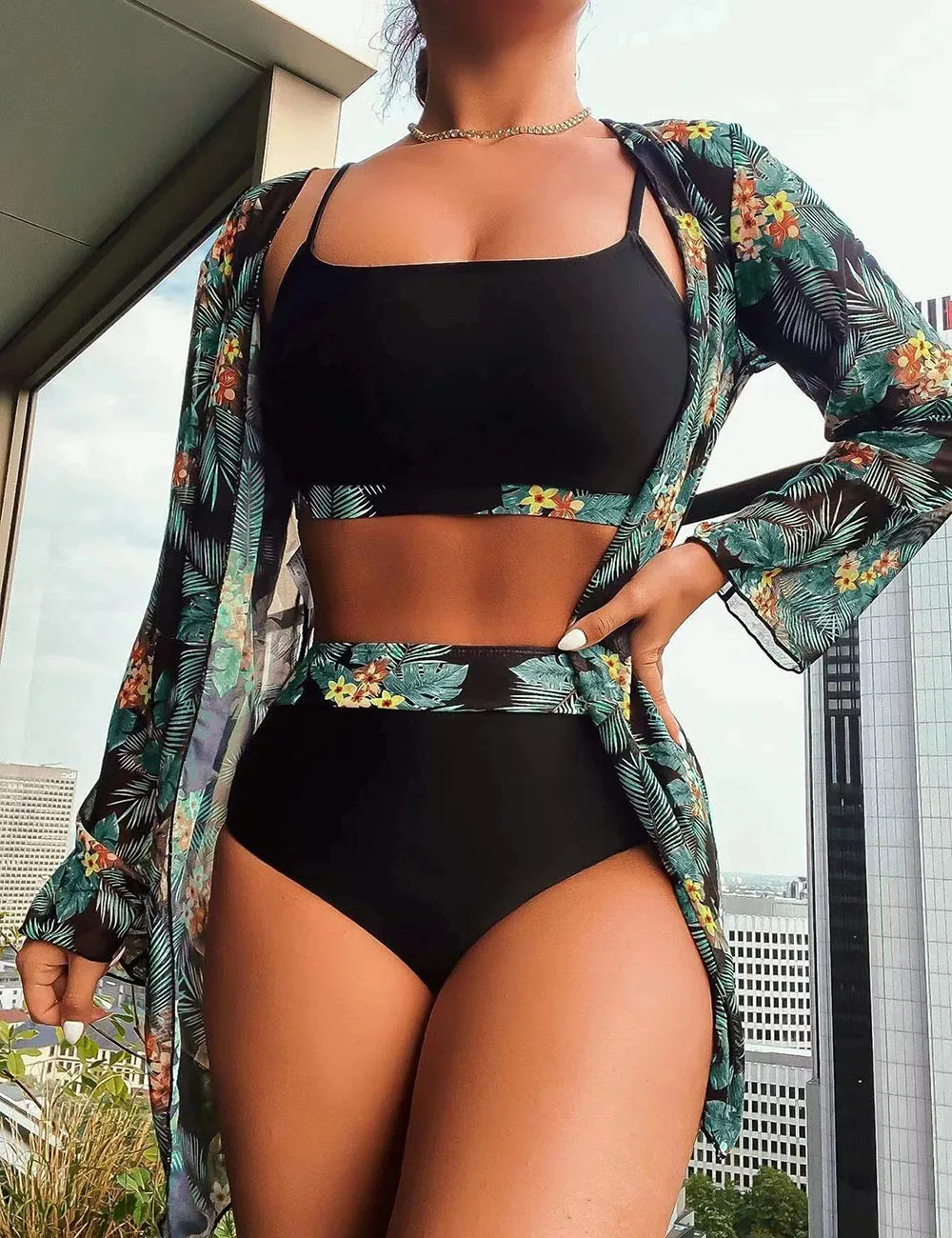 

Swimsuits Women 2023 Sexy Printed High Waisted Triangular Bikini Three Piece Set Bathing Suit Cover Ups Beach Summer Swimwear