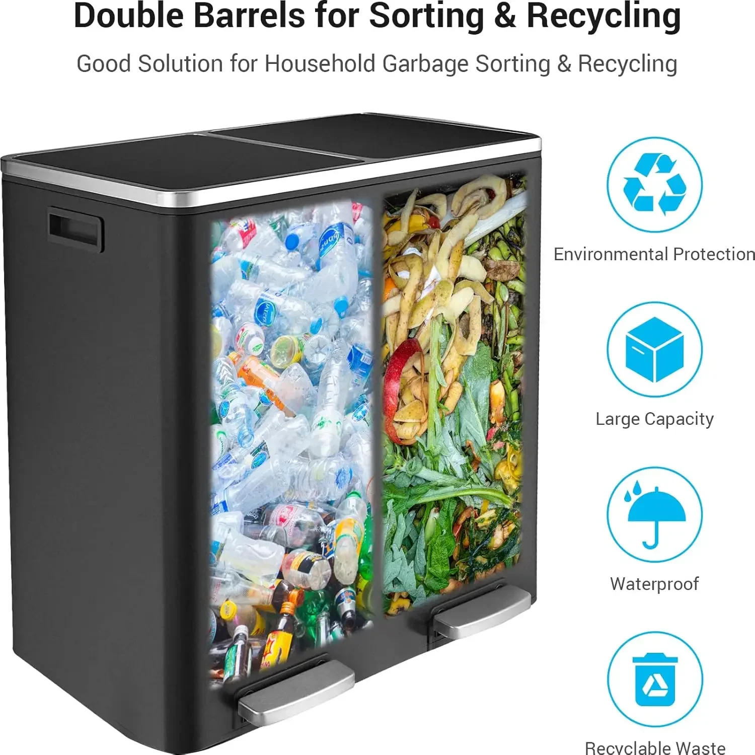 60L(16 Gal) Dual Trash Can, Stainless Steel Kitchen Garbage Can, Double Compartment Classified Rubbish Bin, Recycle Dustbin w/Pl 6