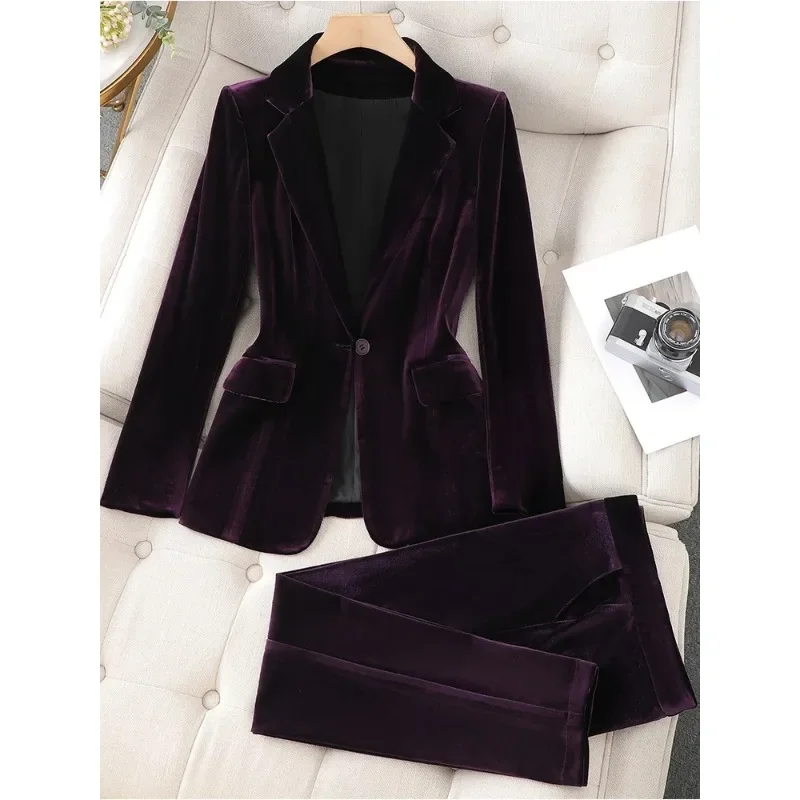 

New Arrival Autumn Winter Ladies Solid Pant Suit Women Business Work Wear Blazer And Trouser Purple Blue Formal 2 Piece Set