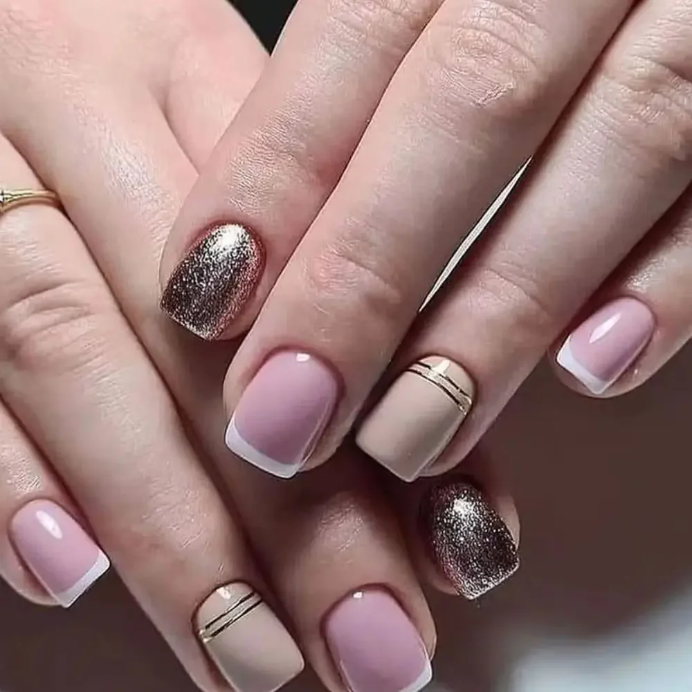 Falsche Nägel Kurz & Quadratisch – 24 Stück, Rosa/nackt Mit Pailletten, Inkl. Kleber & Feile, Für Frauen