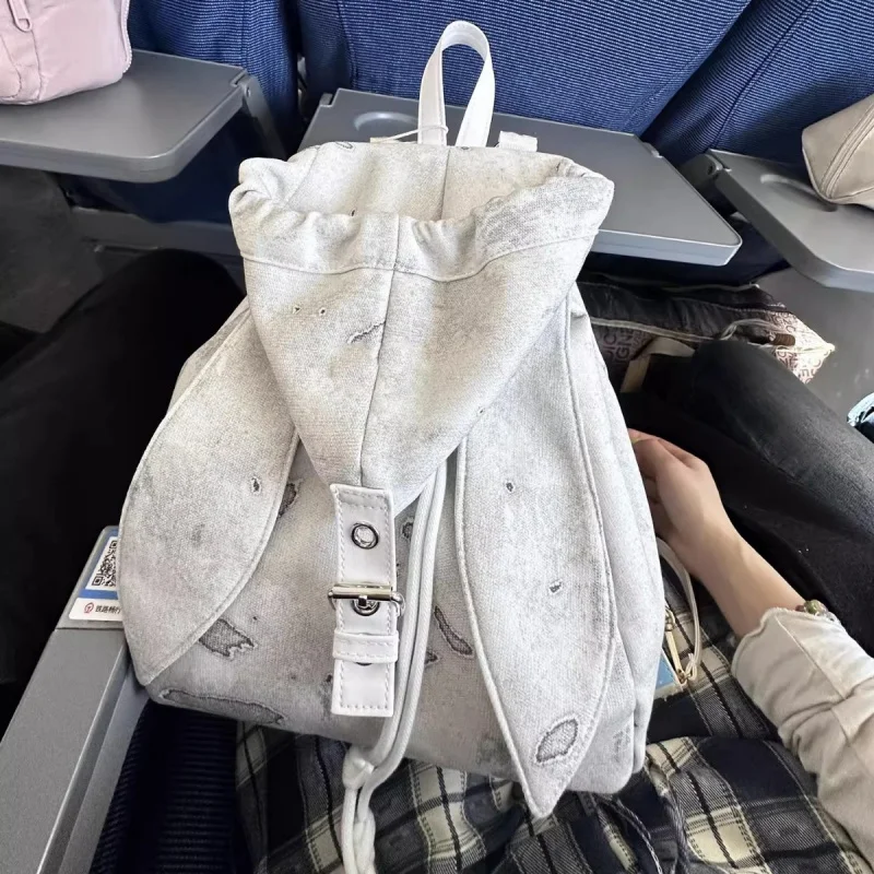 Vintage Cute Rabbit Ears Backpack Women's Small Unique Design Drawstring Simple Large Capacity Crossbody Shoulder Bag