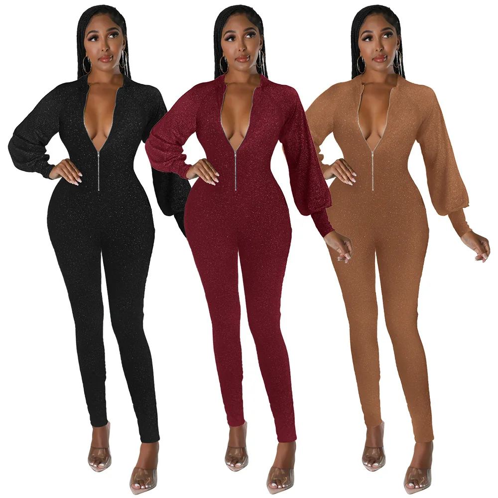 

Sequins Playsuit Long Sleeve Jumpsuit Romper Trousers Sexy V-Neck Tracksuit One Piece Outfit Overalls For Women Clubwear Outfits