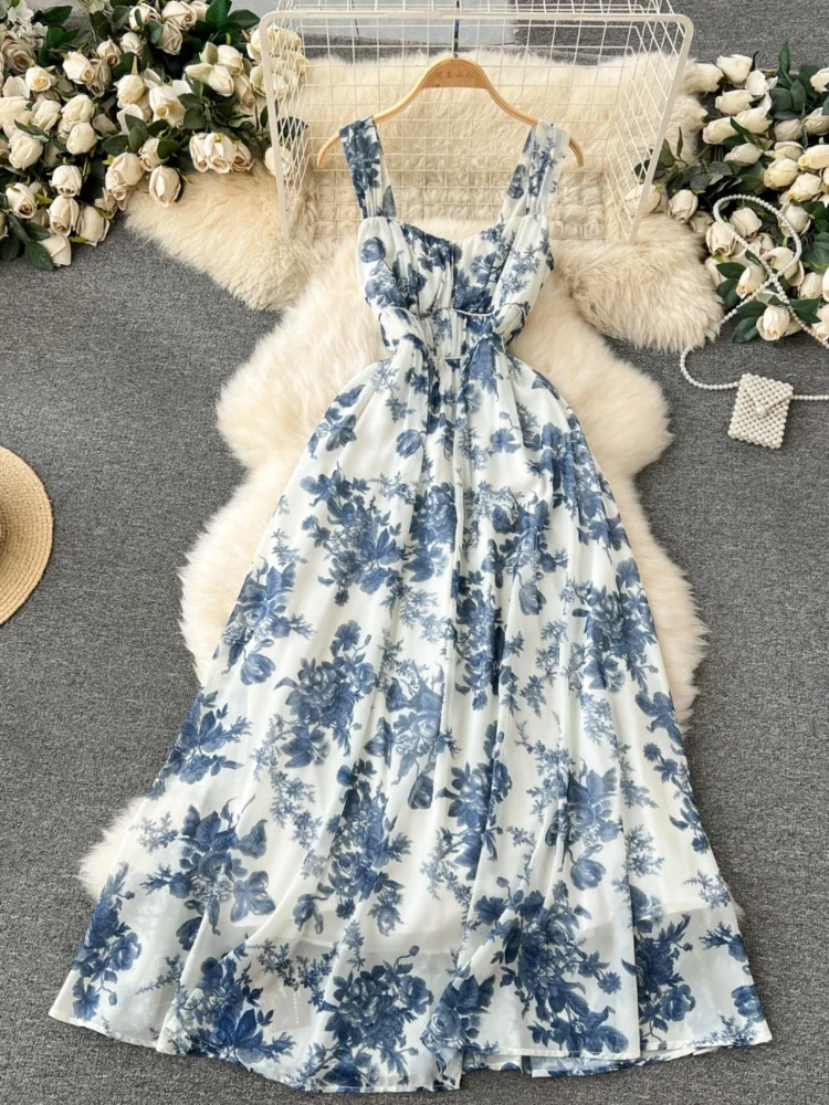 

New Blue Printing Beach Long Dress Women Retro Floral Elegant Party Dresses Ladies Slim A-line Sleeveless Chiffon Long Robe