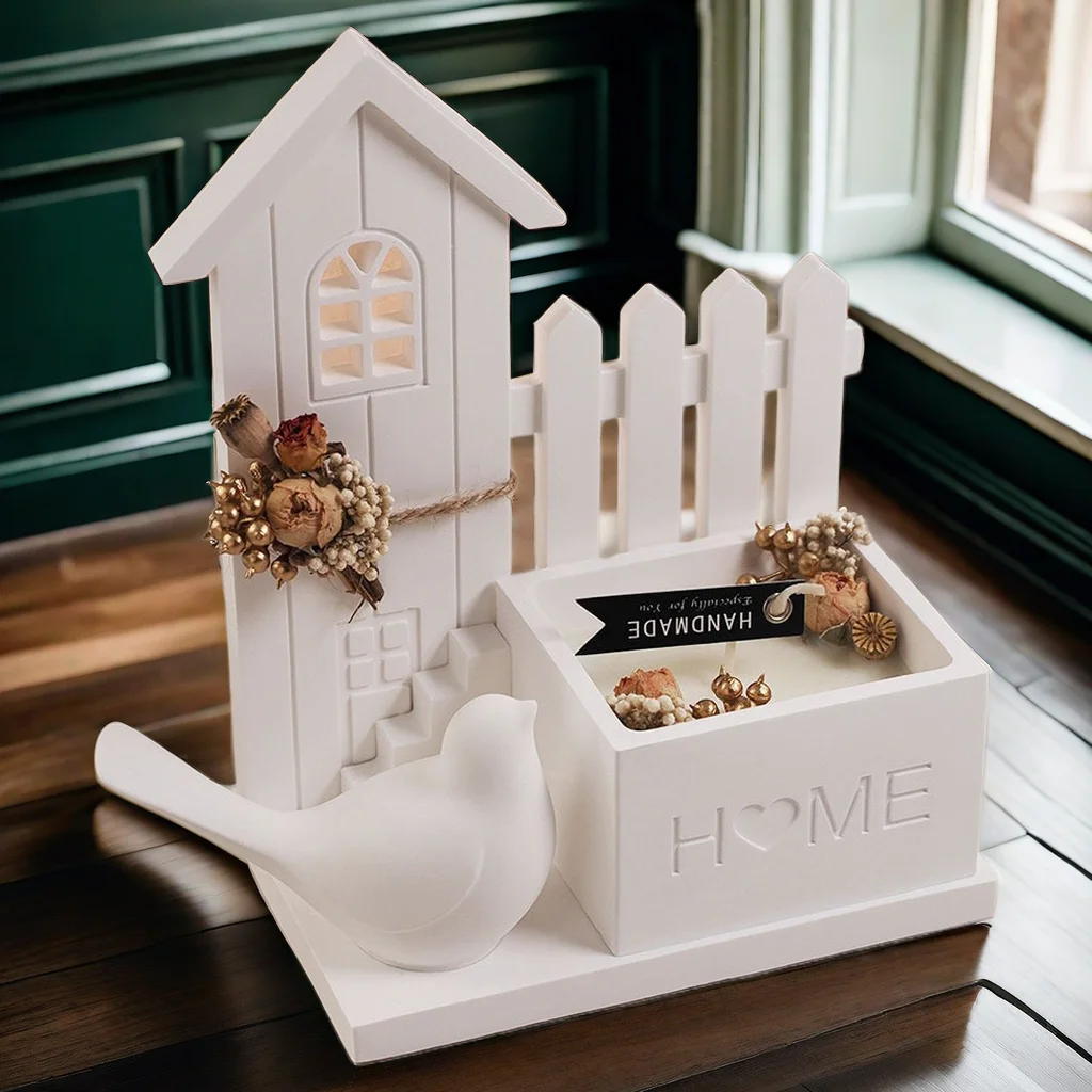 Cabin Candle Holder Plant Pot Mold Cute Lovebird Plaster Clay Ornament Heart Pattern Square Concrete Candle Cup Silicone Mold